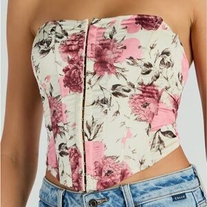 Windsor Pink Floral Print Satin Strapless Boning Corset Top